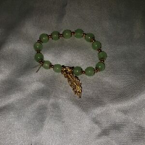 Green Beaded Bracelet with Gold Leaf Charm